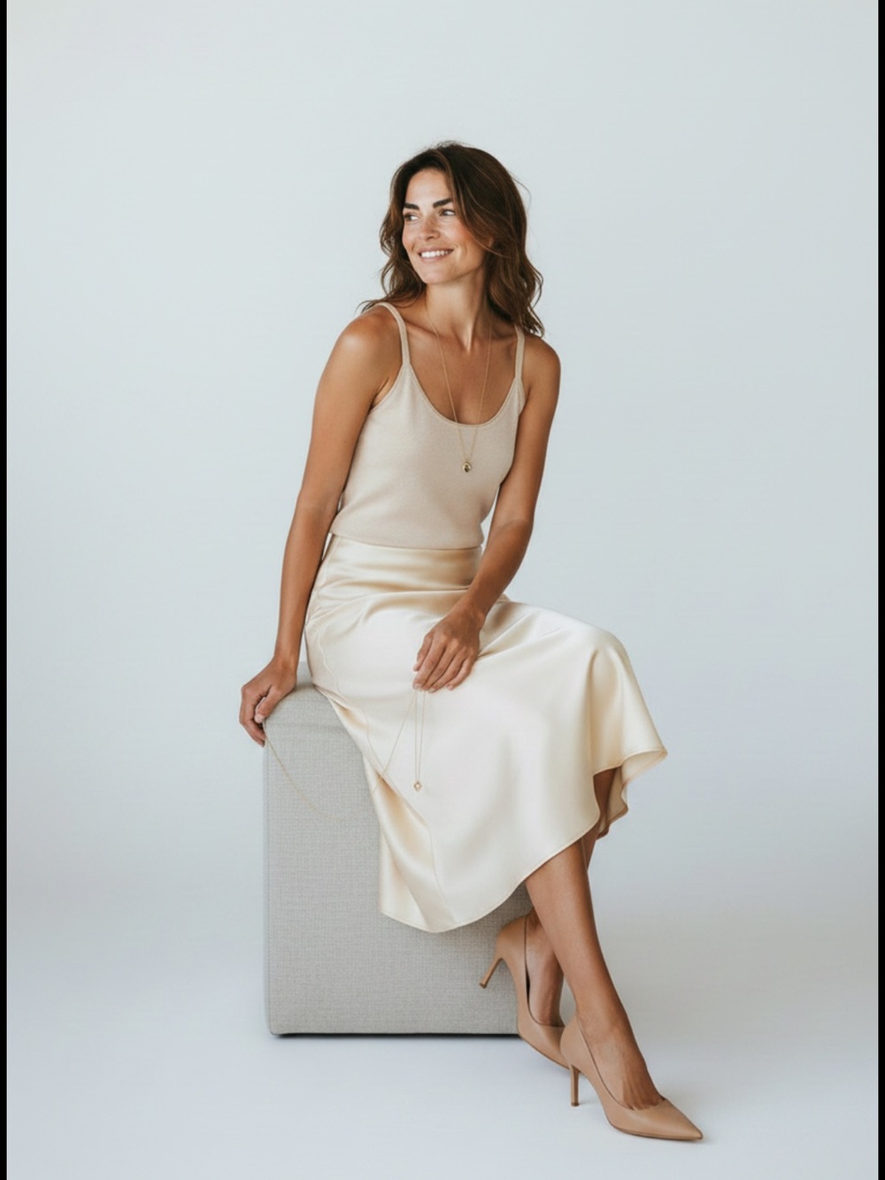 Gorgeous champagne satin high waisted Alfani midi skirt with side zip small